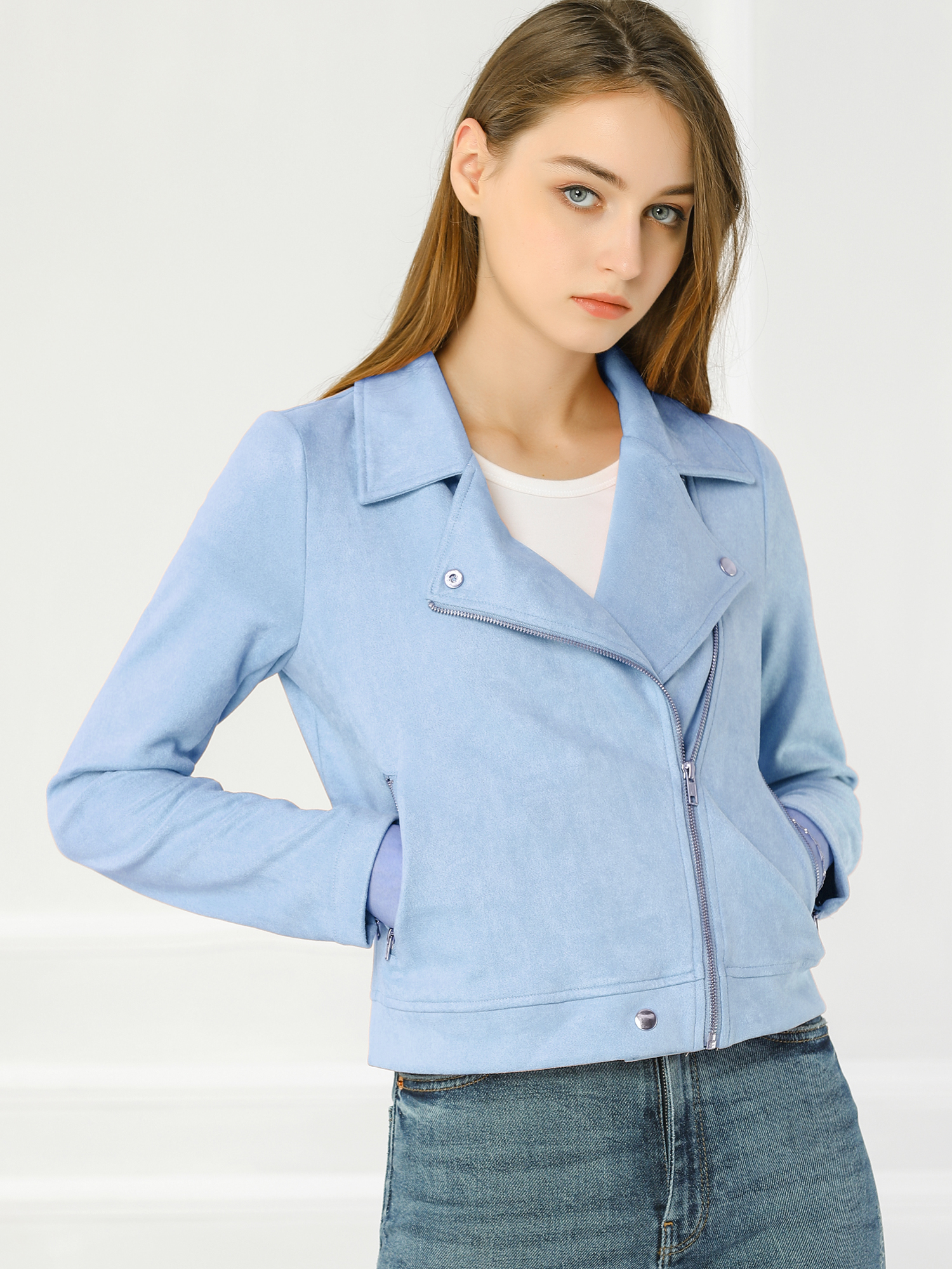 Casual Short Soft Zip Up Faux Suede Biker Moto Jacket Light Blue/M - Allegra K catalog