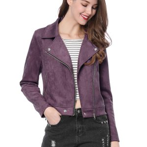 Casual Short Soft Zip Up Faux Suede Biker Moto Jacket Dark Purple/XS - Allegra K catalog