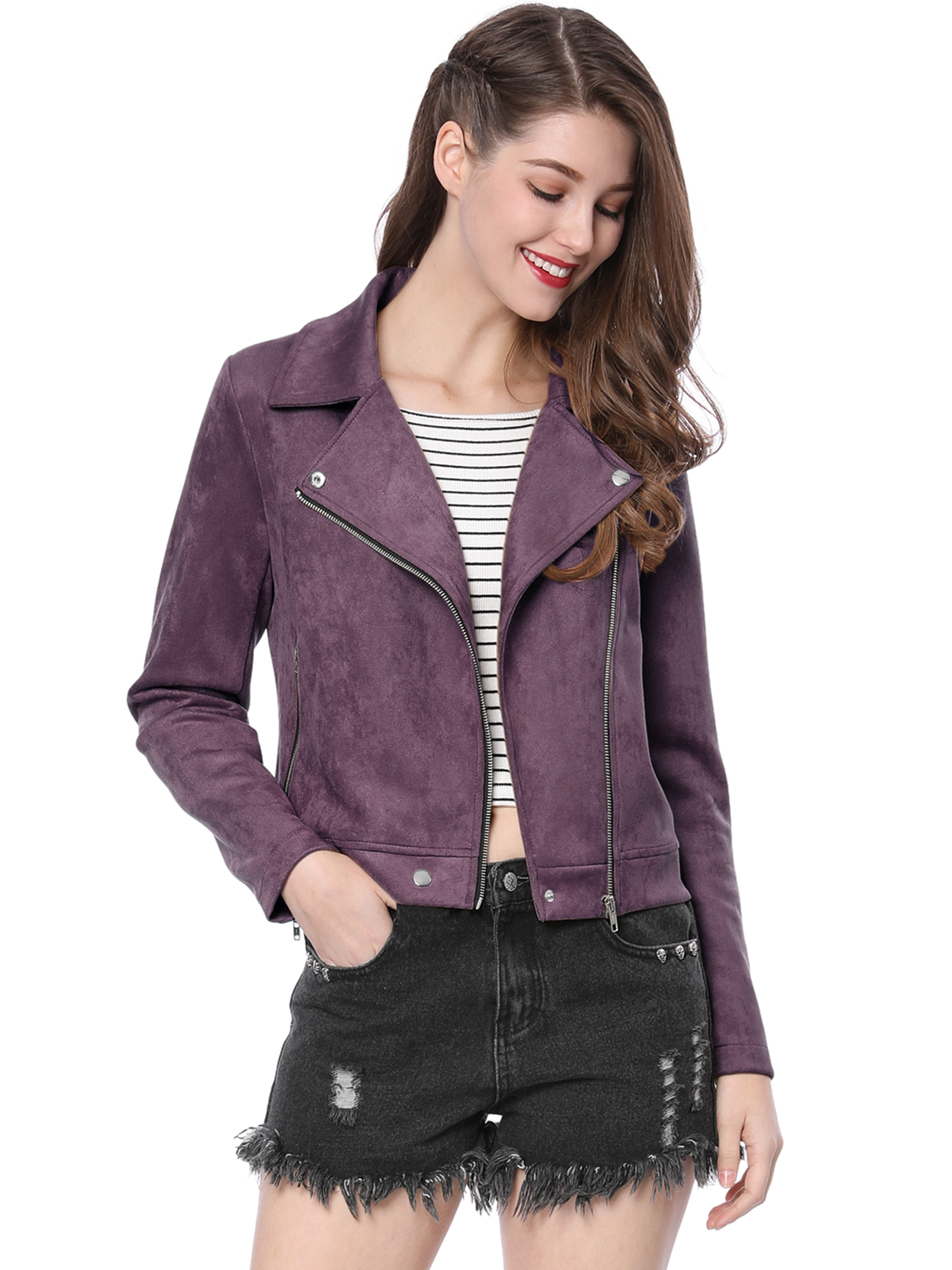Casual Short Soft Zip Up Faux Suede Biker Moto Jacket Dark Purple/M - Allegra K catalog