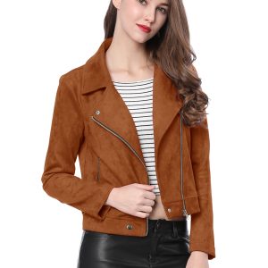 Casual Short Soft Zip Up Faux Suede Biker Moto Jacket Brown/S - Allegra K catalog