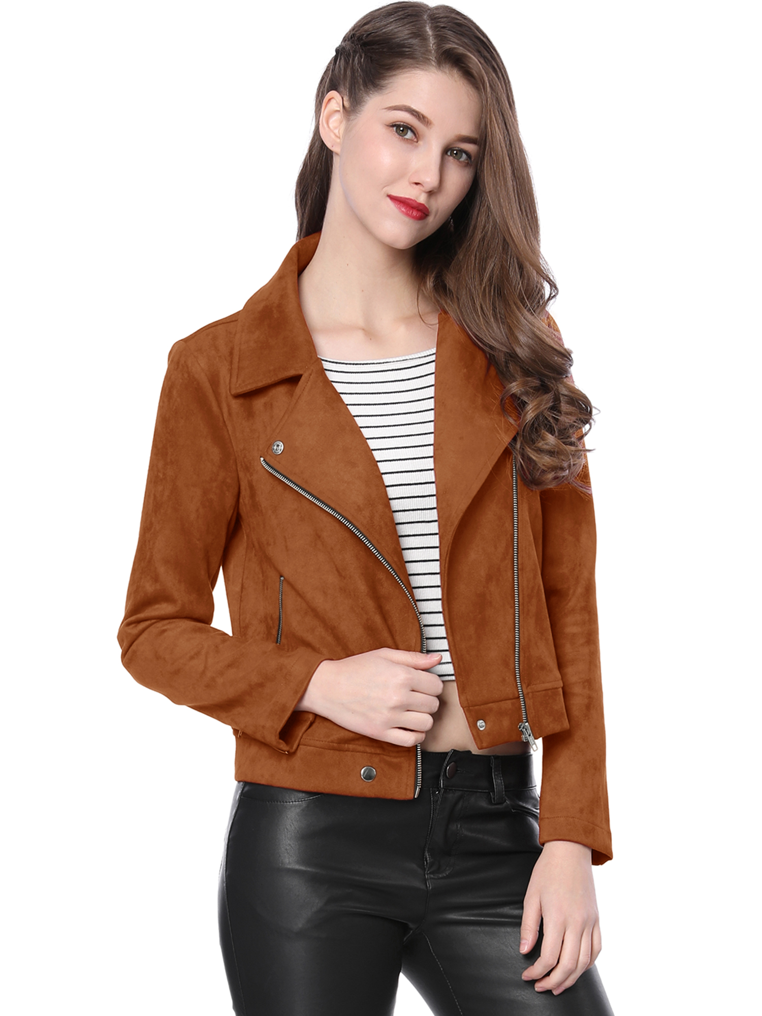 Casual Short Soft Zip Up Faux Suede Biker Moto Jacket Brown/XL - Allegra K catalog