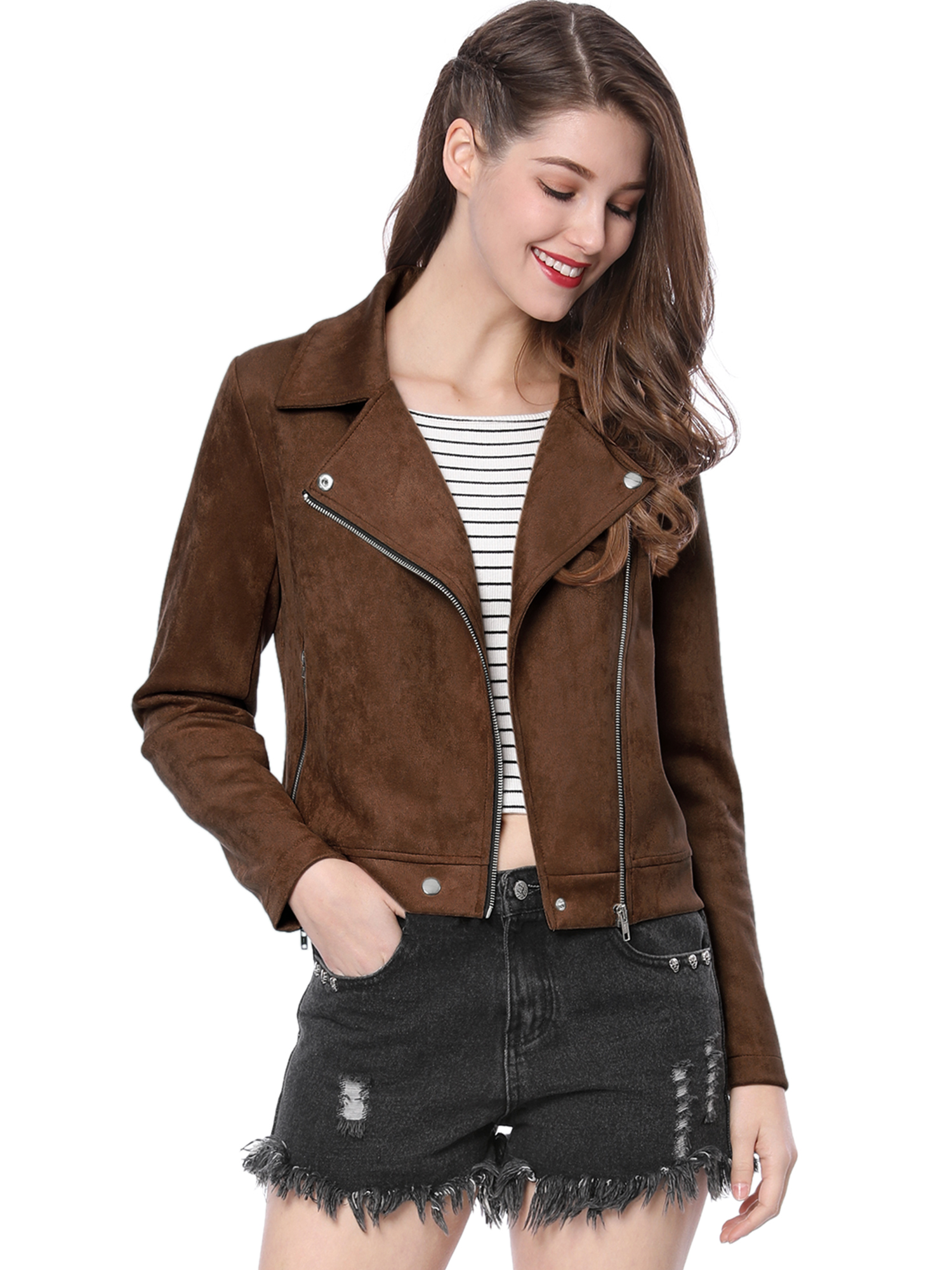 Casual Short Soft Zip Up Faux Suede Biker Moto Jacket Dark Brown/XS - Allegra K catalog
