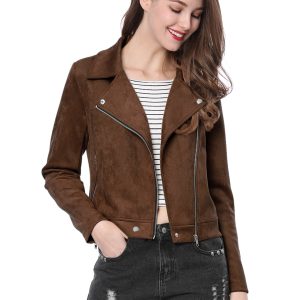 Casual Short Soft Zip Up Faux Suede Biker Moto Jacket Dark Brown/S - Allegra K catalog