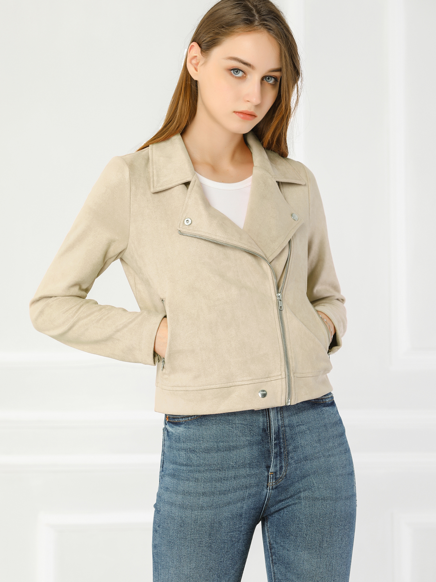Casual Short Soft Zip Up Faux Suede Biker Moto Jacket Beige/XS - Allegra K catalog