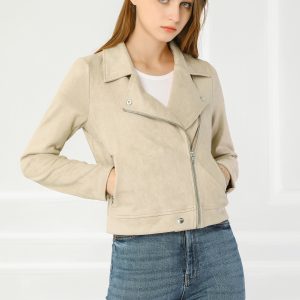 Casual Short Soft Zip Up Faux Suede Biker Moto Jacket Beige/L - Allegra K catalog