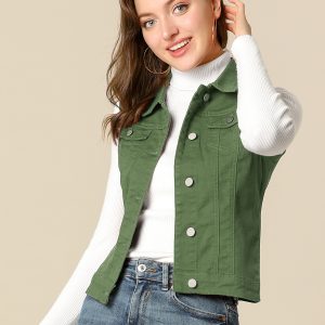 Buttoned Chest Flap Pocket Washed Denim Jacket Vest Olive Green/L - Allegra K catalog