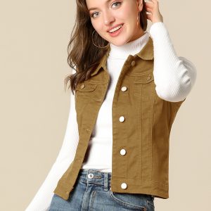Buttoned Chest Flap Pocket Washed Denim Jacket Vest Khaki/L - Allegra K catalog