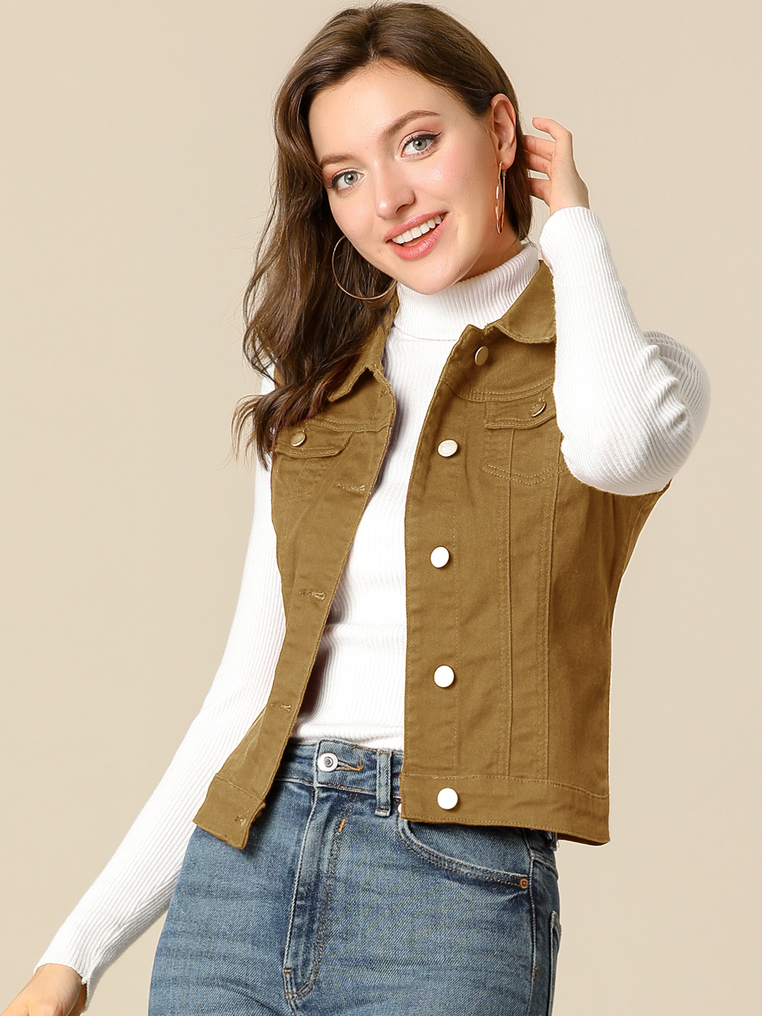 Buttoned Chest Flap Pocket Washed Denim Jacket Vest Khaki/XL - Allegra K catalog