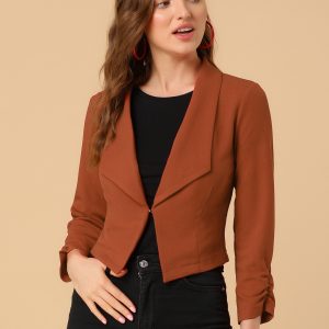 Notched Lapel Ruched Sleeve Business Cropped Jacket Blazer Brown/L - Allegra K catalog