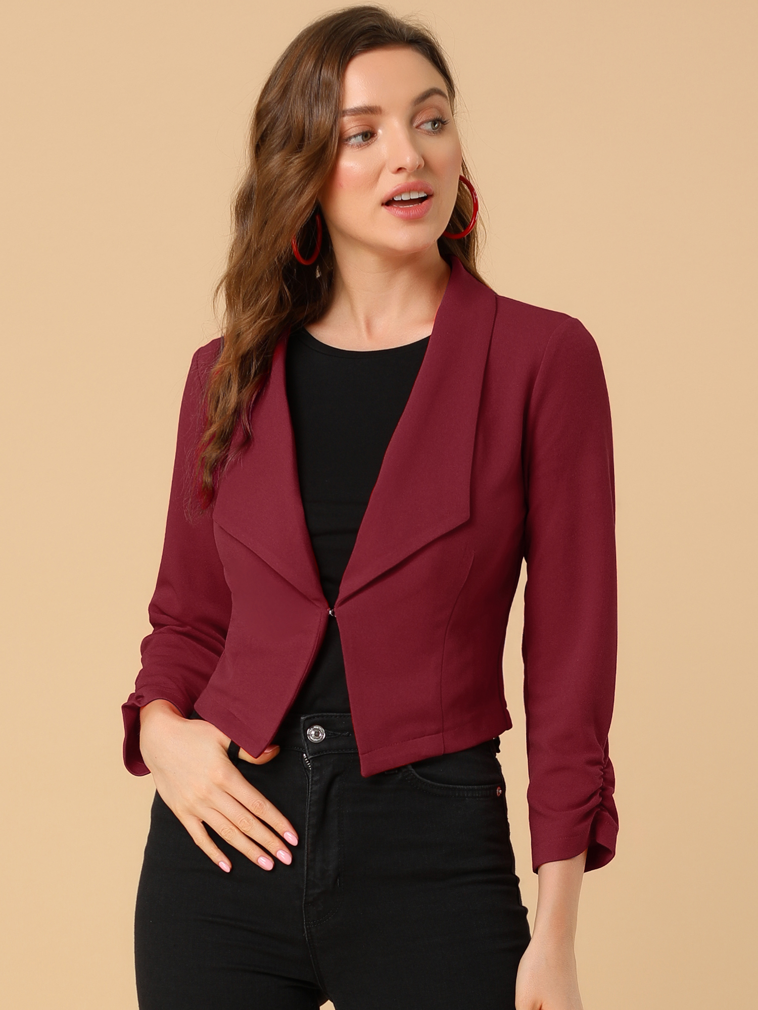 Notched Lapel Ruched Sleeve Business Cropped Jacket Blazer Burgundy/M - Allegra K catalog