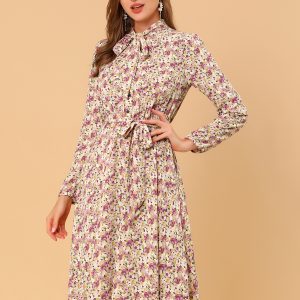 Tie Neck Chiffon Long Sleeve Belted Vintage Floral Dress Pink/XS - Allegra K catalog