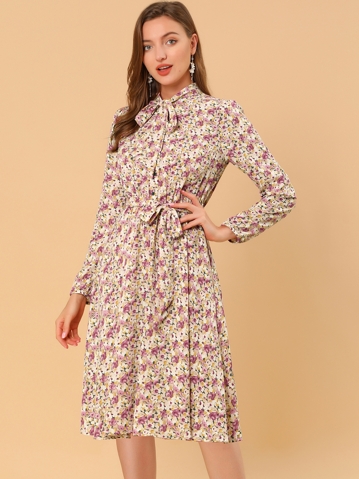 Tie Neck Chiffon Long Sleeve Belted Vintage Floral Dress Pink/XS - Allegra K catalog