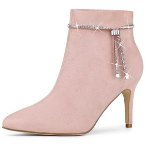 Bling Rhinestone Pointed Toe Stiletto Heel Ankle Boots Dust Pink/8 - Allegra K catalog