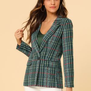 Plaid Notched Lapel One Button Houndstooth Blazer Jacket Dark Green/M - Allegra K catalog