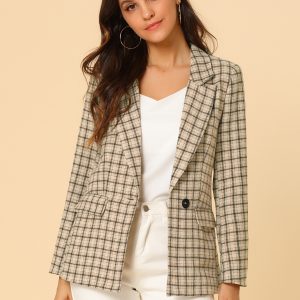 Plaid Notched Lapel One Button Houndstooth Blazer Jacket Khaki/M - Allegra K catalog