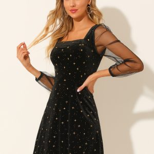 Sheer Puff Sleeve Square Neck Glitter Metallic Star Velvet Mini Dress Black/M - Allegra K catalog