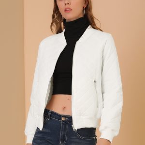 Casual Zip Up Raglan Long Sleeve Quilted Bomber Jacket White/XL - Allegra K catalog