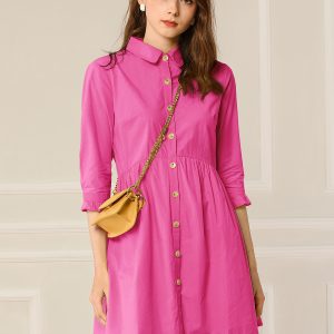 Ruched 3/4 Sleeve Button Up Casual Mini Shirt Dress Fuchsia/XL - Allegra K catalog
