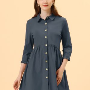 Ruched 3/4 Sleeve Button Up Casual Mini Shirt Dress Dark Blue/XS - Allegra K catalog