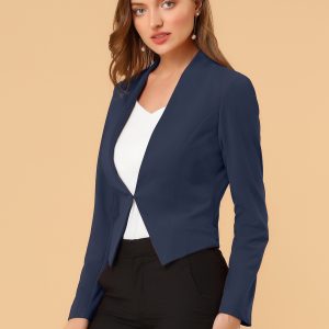 Collarless Solid Color Cropped Office Blazer Jacket Navy/L - Allegra K catalog