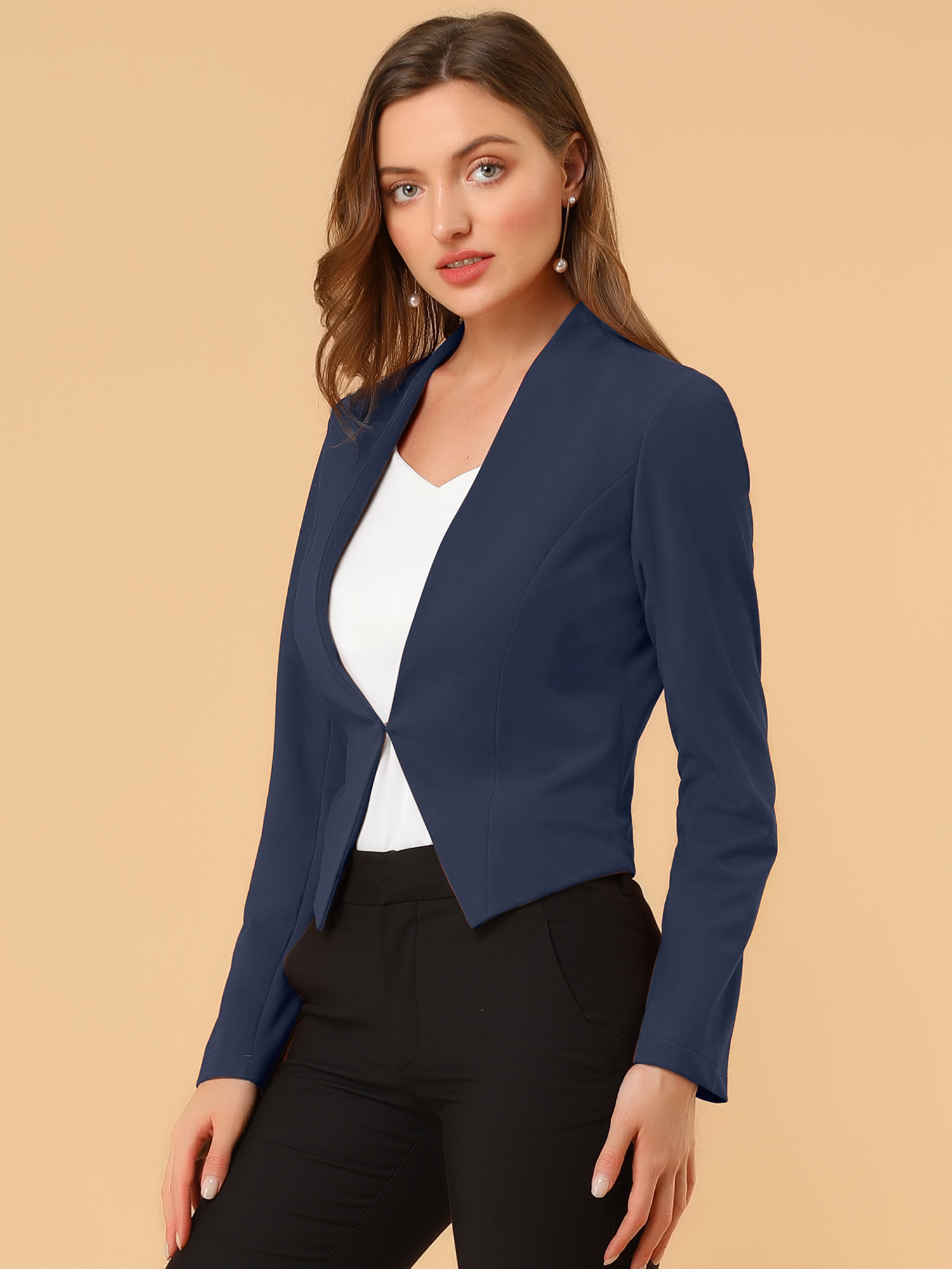 Collarless Solid Color Cropped Office Blazer Jacket Navy/L - Allegra K catalog