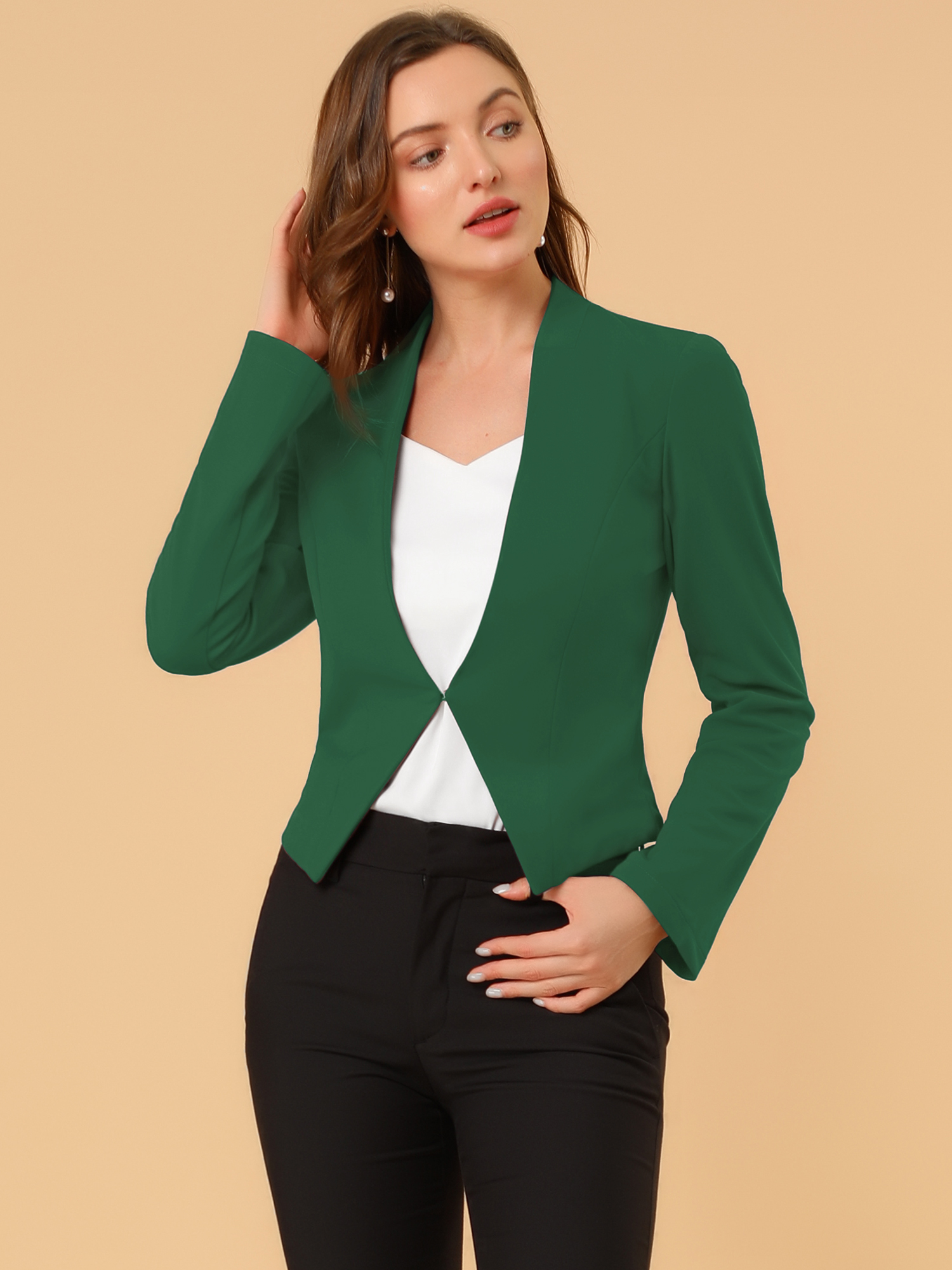 Solid Color Collarless Cropped Office Blazer Jacket Dark Green/M - Allegra K catalog