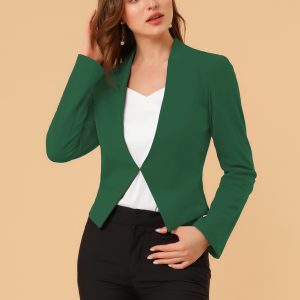 Solid Color Collarless Cropped Office Blazer Jacket Dark Green/XL - Allegra K catalog