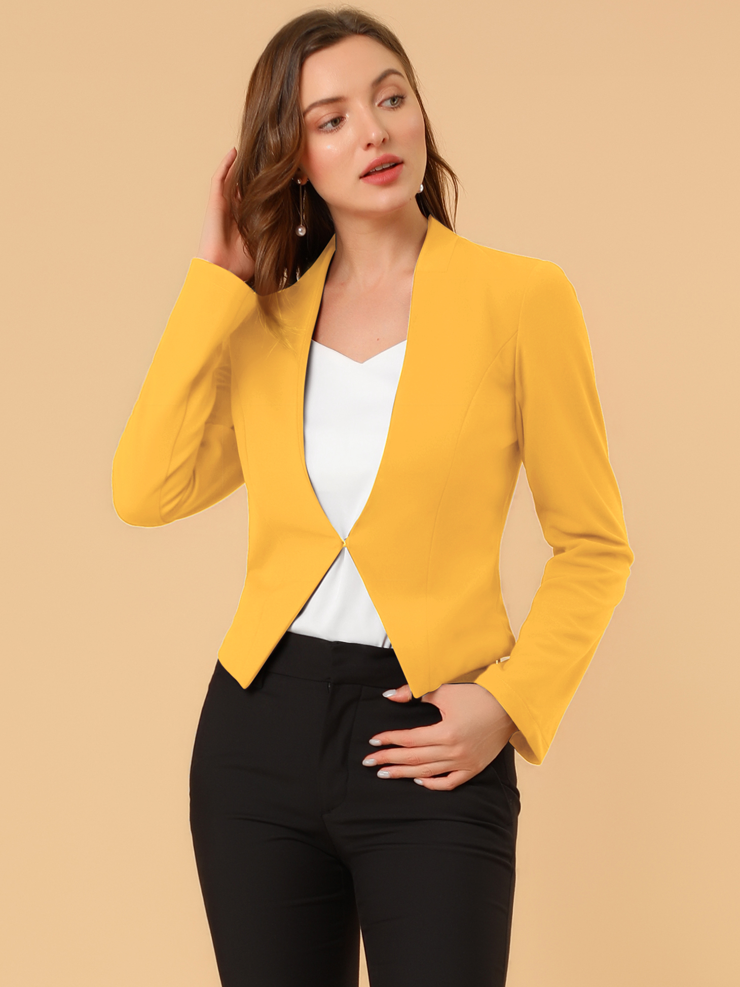 Solid Color Collarless Cropped Office Blazer Jacket Yellow/XS - Allegra K catalog