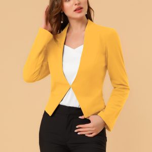 Solid Color Collarless Cropped Office Blazer Jacket Yellow/XL - Allegra K catalog