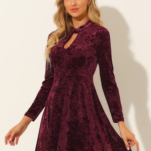 Keyhole Neck High Waist Long Sleeve Velvet Swing Mini Dress Burgundy/XS - Allegra K catalog