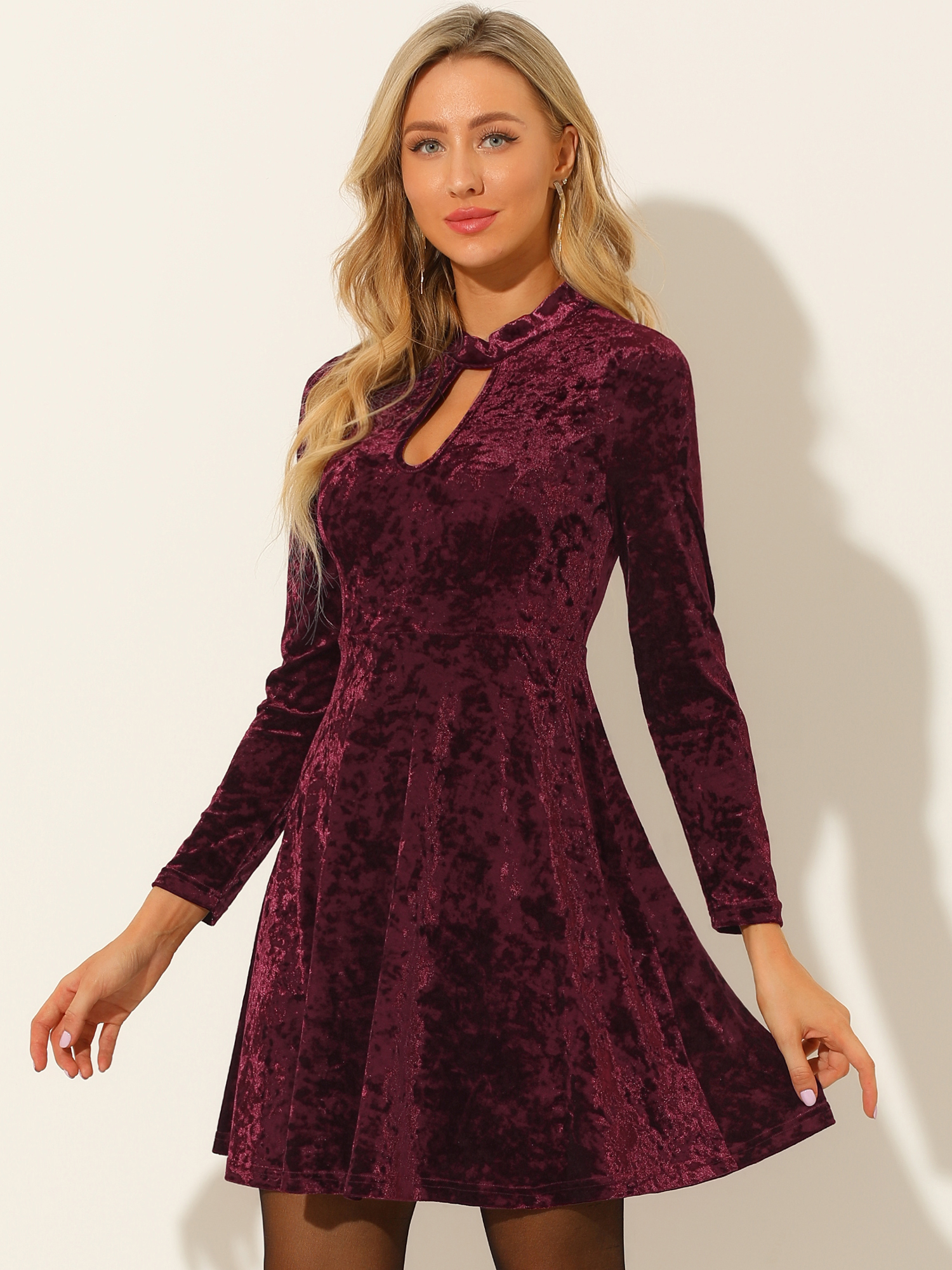 Keyhole Neck High Waist Long Sleeve Velvet Swing Mini Dress Burgundy/XS - Allegra K catalog