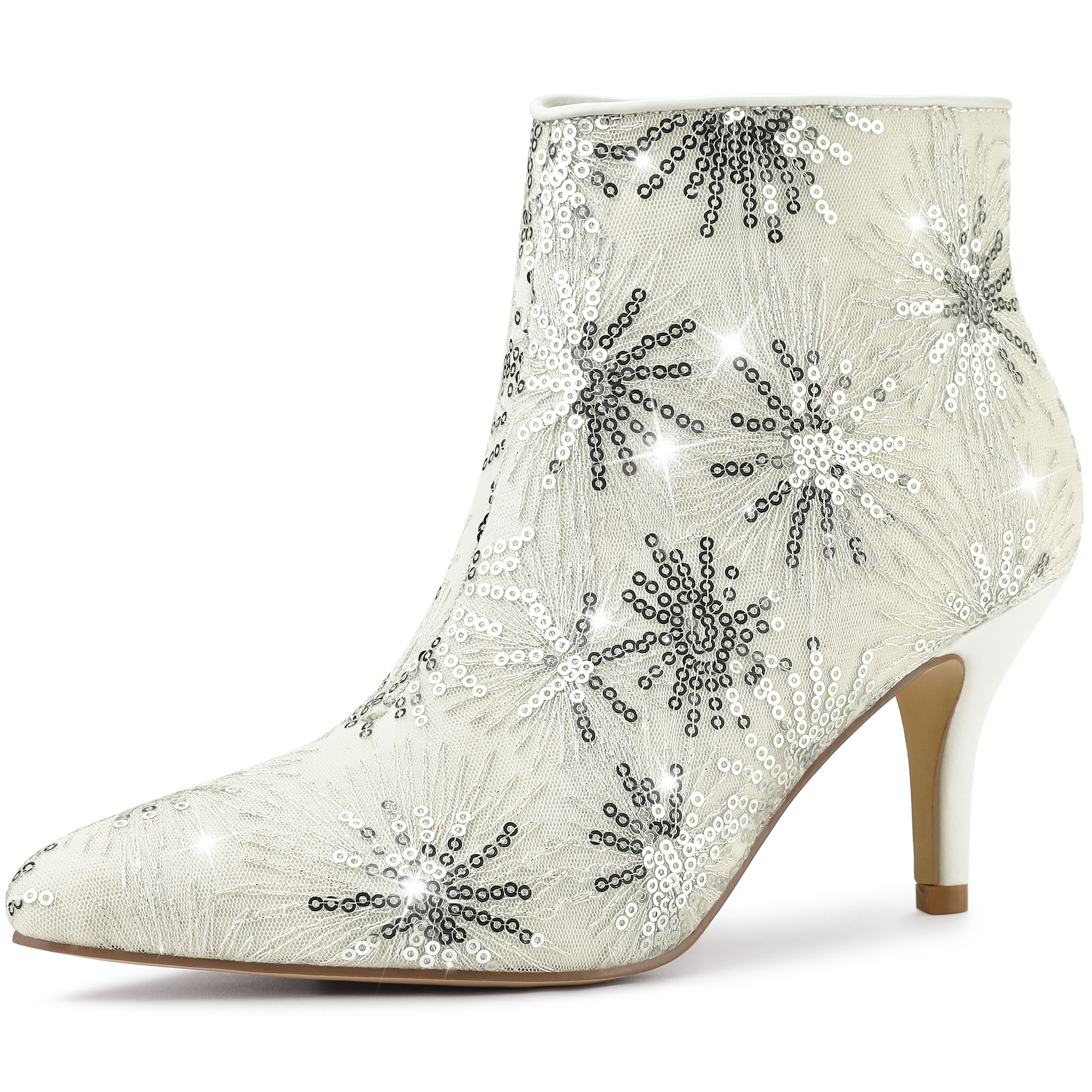 Glitter Sparkle Lace Stiletto Heel Party Sequin Ankle Boots White/7 - Allegra K catalog