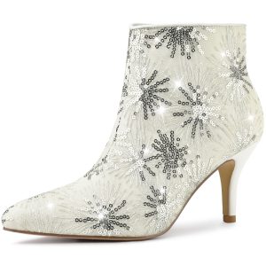 Glitter Sparkle Lace Stiletto Heel Party Sequin Ankle Boots White/9 - Allegra K catalog