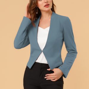 Collarless Solid Color Cropped Office Blazer Jacket Grey Blue/S - Allegra K catalog