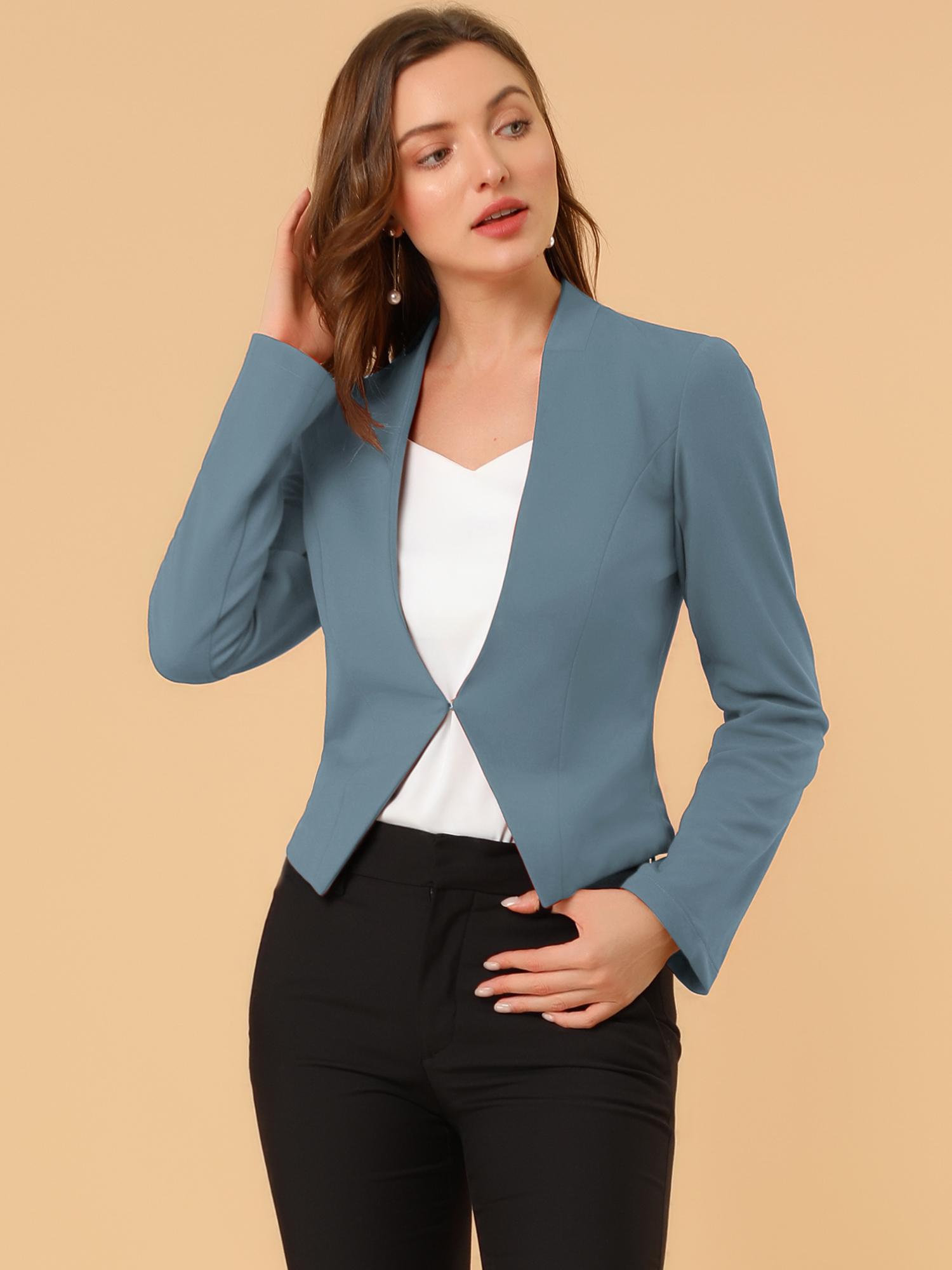 Collarless Solid Color Cropped Office Blazer Jacket Grey Blue/S - Allegra K catalog