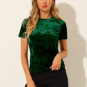 Velvet Crew Neck Short Sleeve Casual T-Shirt Top Green/XL - Allegra K catalog