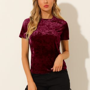 Velvet Crew Neck Short Sleeve Casual T-Shirt Top Burgundy/XS - Allegra K catalog