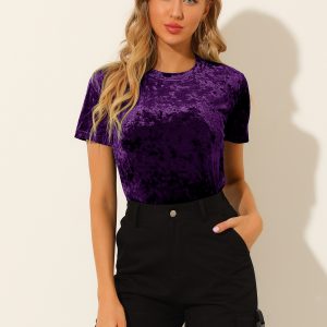Velvet Crew Neck Short Sleeve Casual T-Shirt Top Purple/L - Allegra K catalog