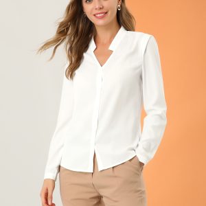 Work Office Blouse Button Up Long Sleeve V Neck Chiffon Shirt White/S - Allegra K catalog