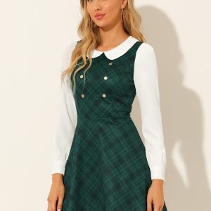 Peter Pan Collar Contrast Color Button Decor Plaid Dress Green/XS - Allegra K catalog
