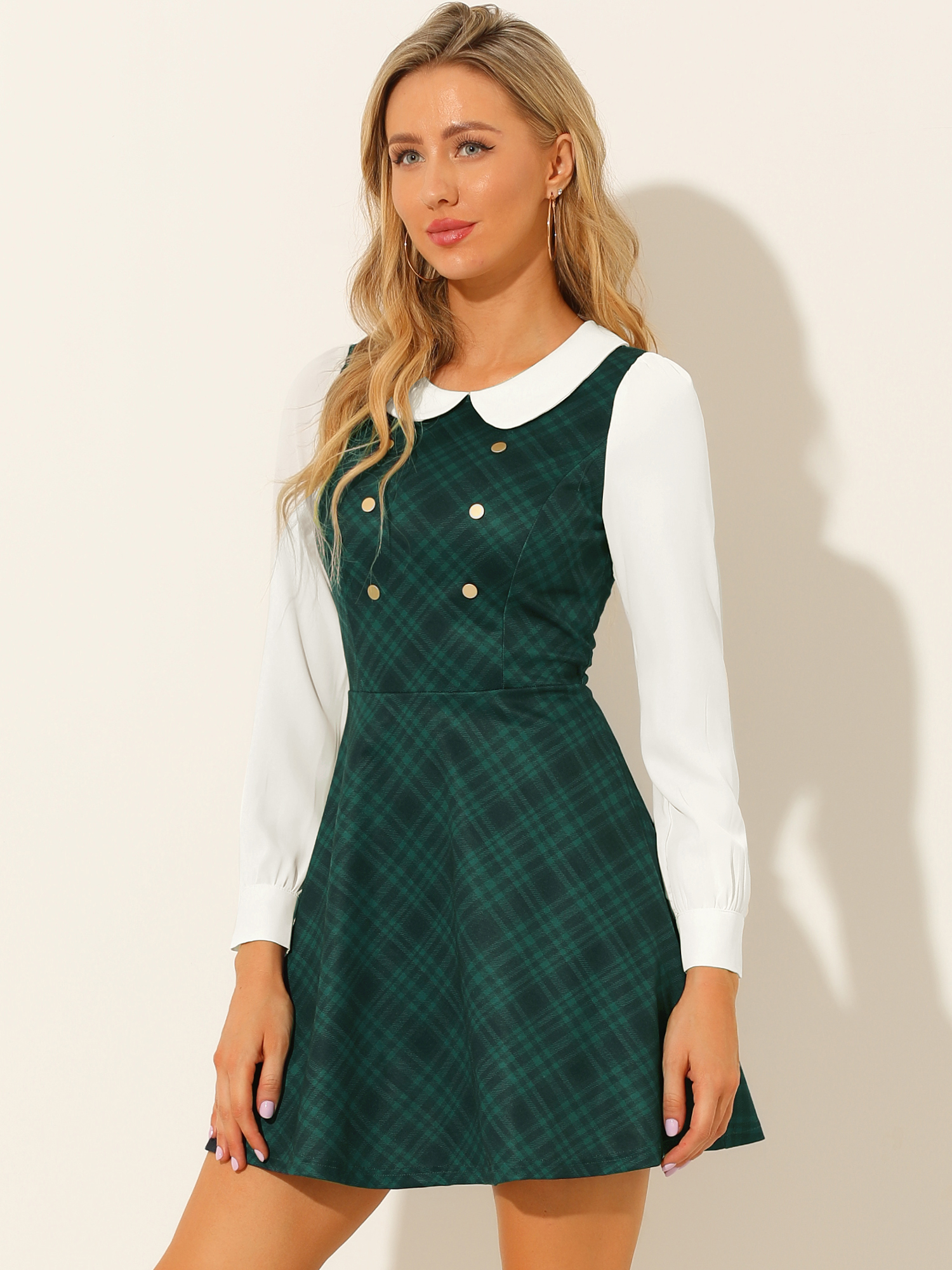 Peter Pan Collar Contrast Color Button Decor Plaid Dress Green/XS - Allegra K catalog