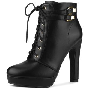 Faux Leather Lace-Up Strap Platform Block Heel Ankle Boots Black/6 - Allegra K catalog