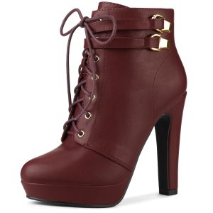Faux Leather Lace-Up Strap Platform Block Heel Ankle Boots Burgundy/7 - Allegra K catalog