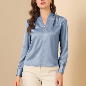 V Neck Decor Beaded Long Sleeve Office Pleated Satin Blouse Top Dusty Blue/S - Allegra K catalog
