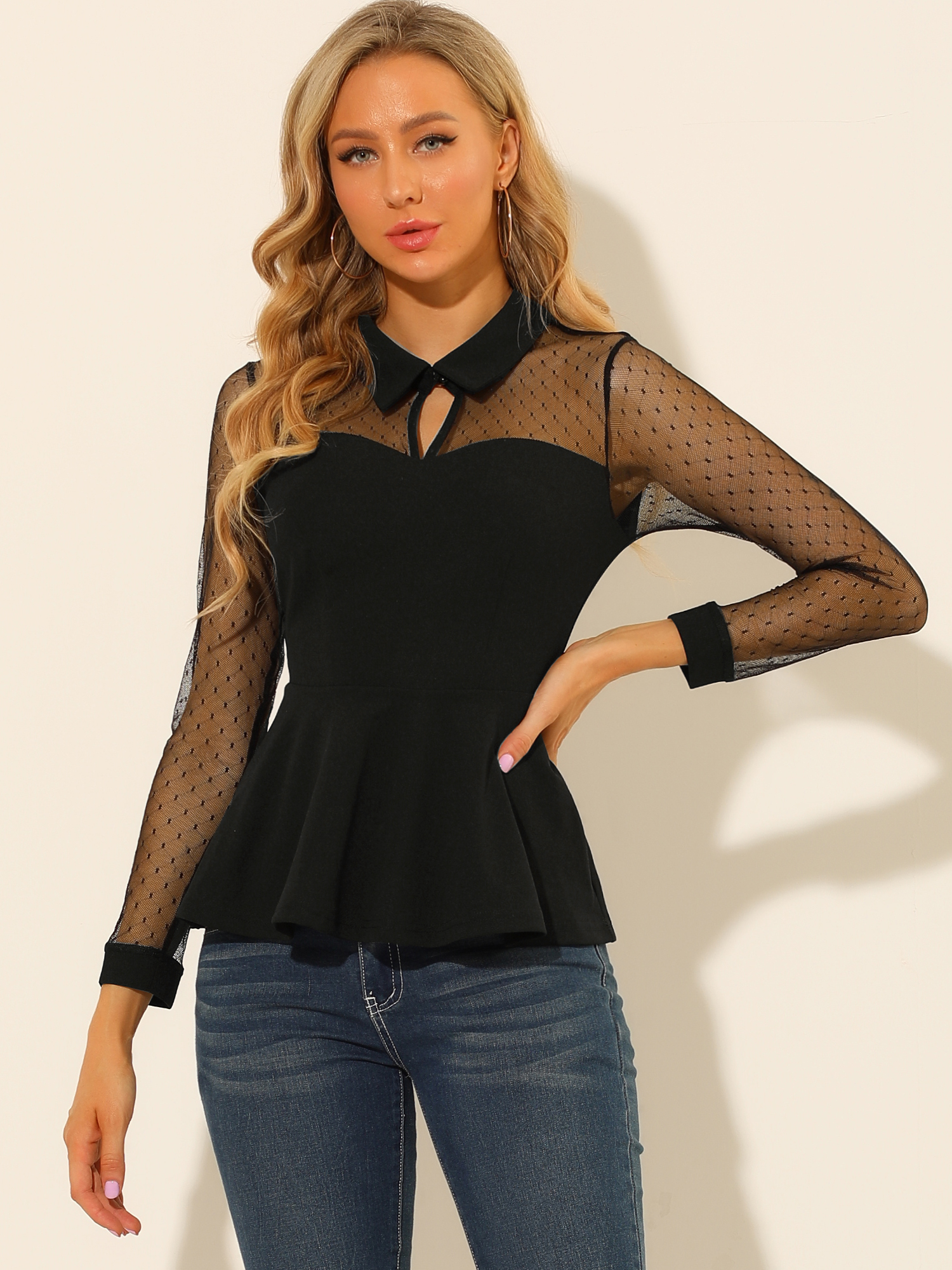 Mesh Sheer Long Sleeve Blouse Turn Down Collar Keyhole Peplum Top Black/XL - Allegra K catalog