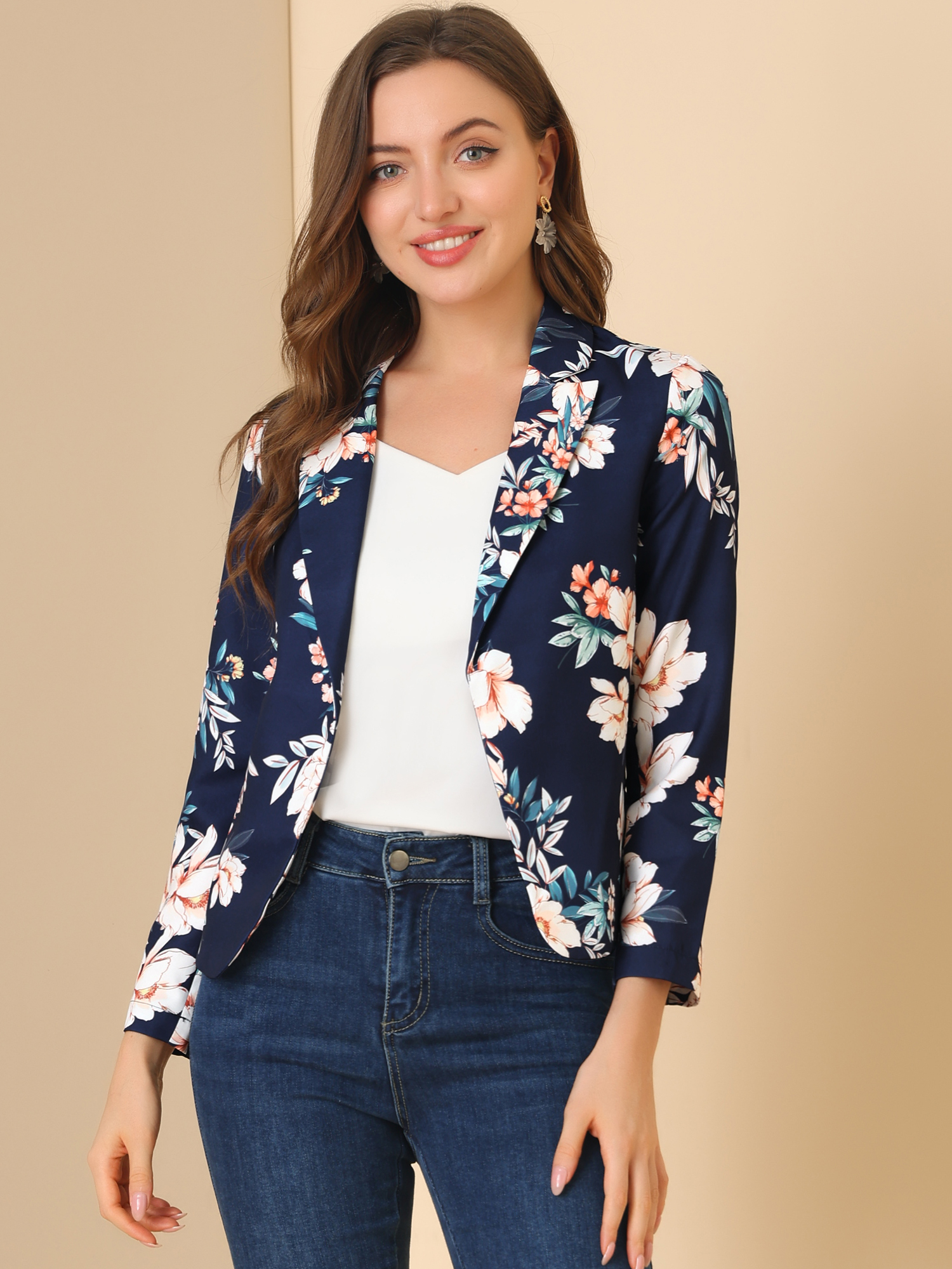 Open Front Floral Work Business Crop Blazer Jacket Deep Blue-Floral/XS - Allegra K catalog