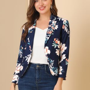 Open Front Floral Work Business Crop Blazer Jacket Deep Blue-Floral/M - Allegra K catalog