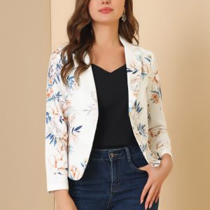 Open Front Floral Work Business Crop Blazer Jacket White-Floral/L - Allegra K catalog