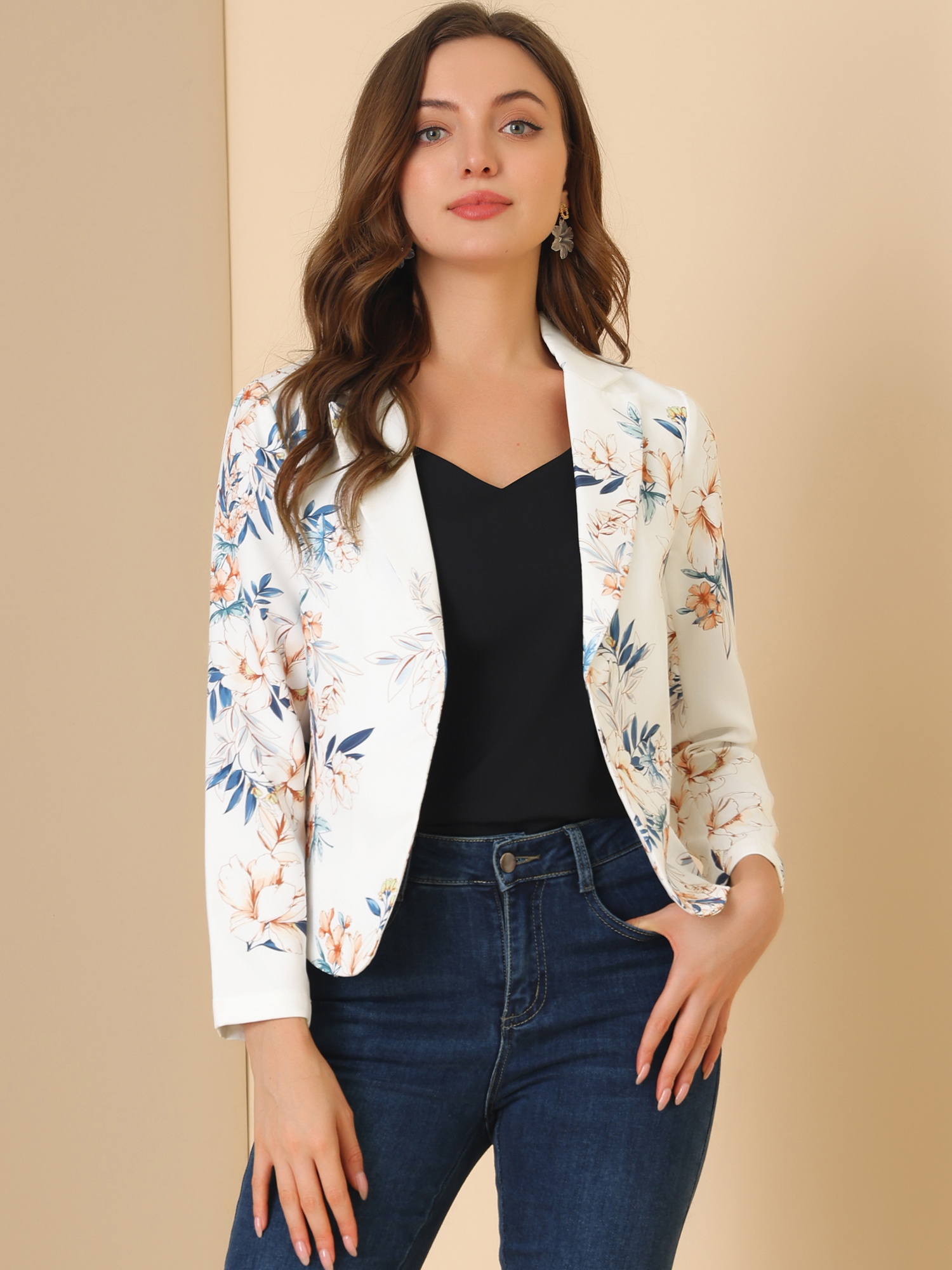 Open Front Floral Work Business Crop Blazer Jacket White-Floral/XL - Allegra K catalog