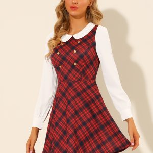 Peter Pan Collar Contrast Color Button Decor Plaid Dress Red/L - Allegra K catalog